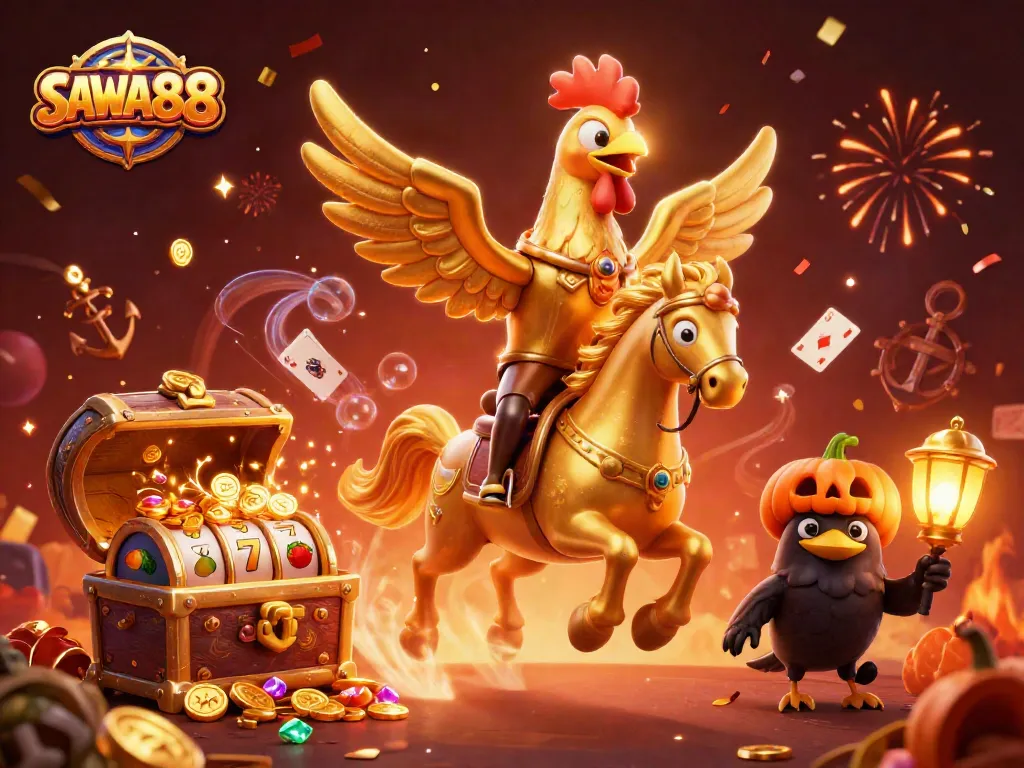 Experience thrilling SAWA888 gaming with a golden rooster and vibrant casino action scene