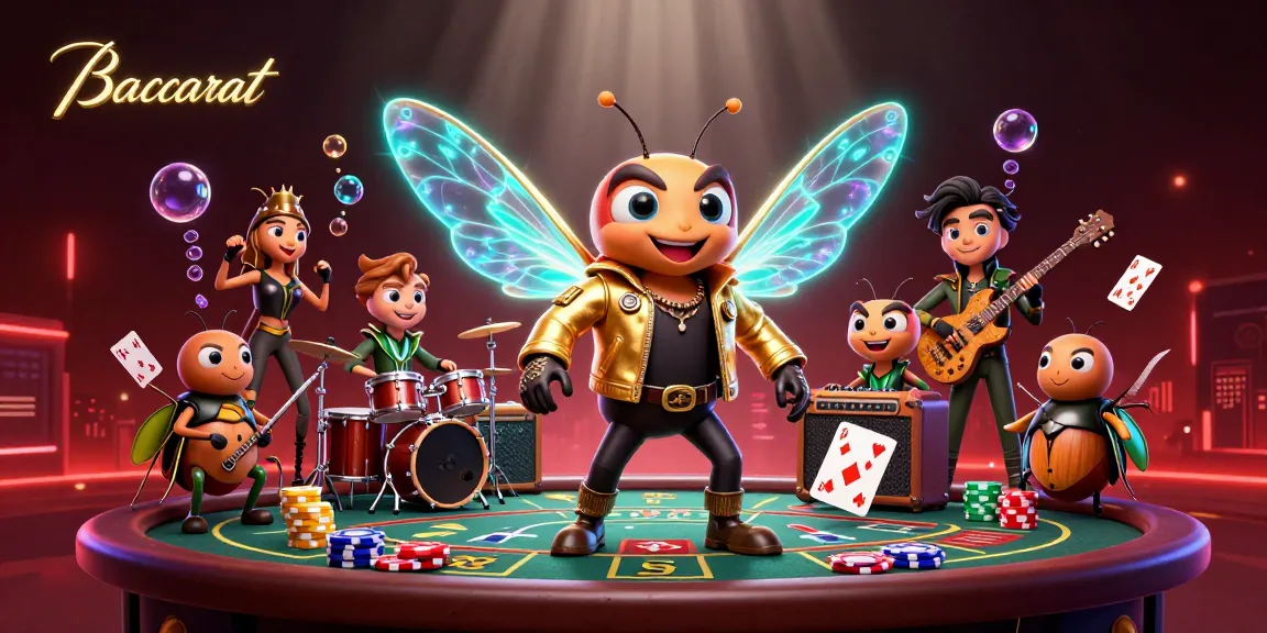 Baccarat game scene with a cartoon cicada rock star character, vibrant casino elements, and captivating visual effects