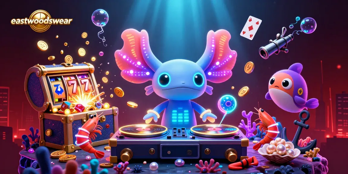 Permainan slot gacor dengan eastwoodswear dan karakter menarik yang mengejutkan, dikelilingi harta karun berkilau.