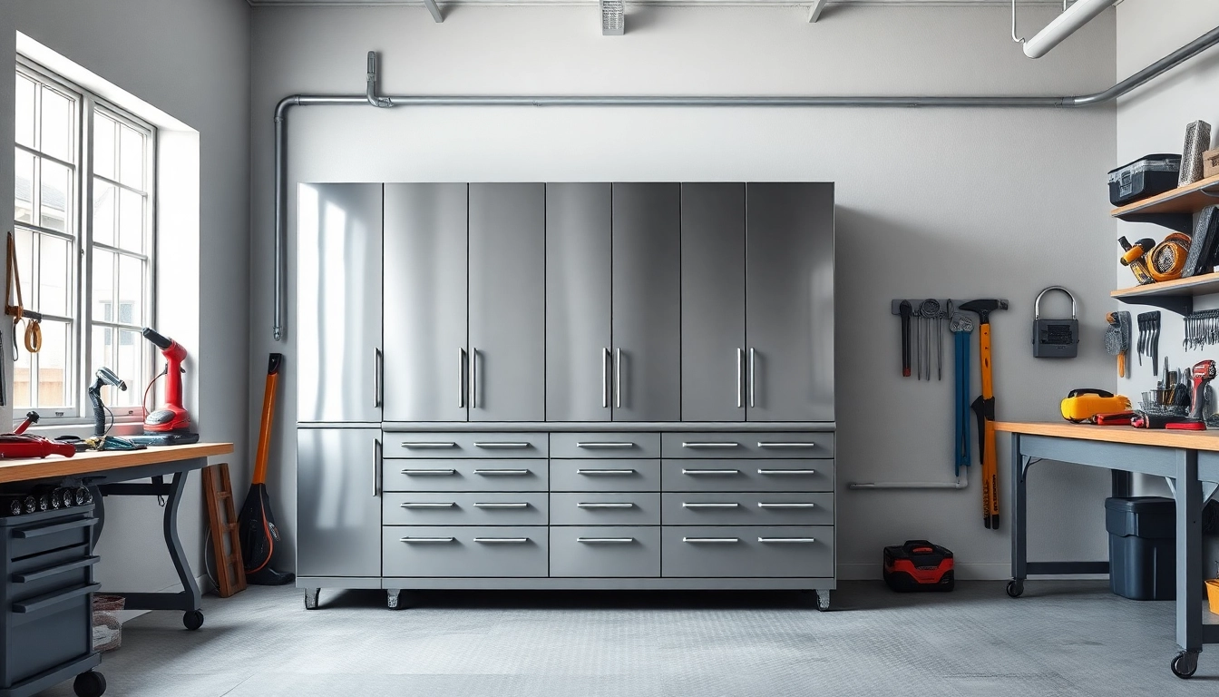 Showcasing a modern steel cabinet in a vibrant garage, emphasizing its sleek design and durability.