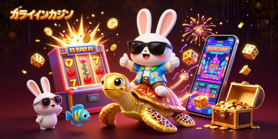 オンラインカジノのゲーム体験を楽しむラビットとタートルのイラスト