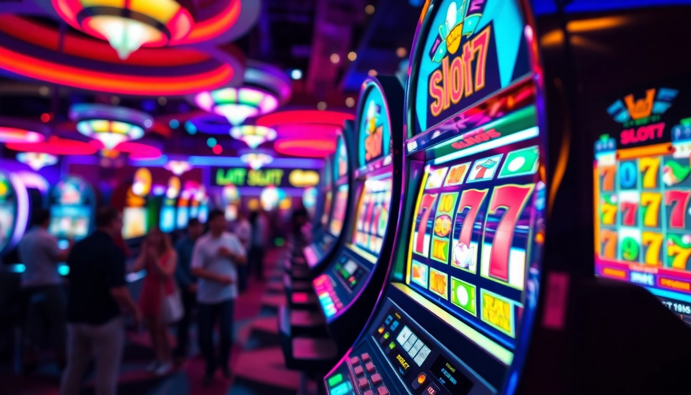 Rasakan sensasi permainan Slot77 di belakang mesin slot bercahaya di kasino.