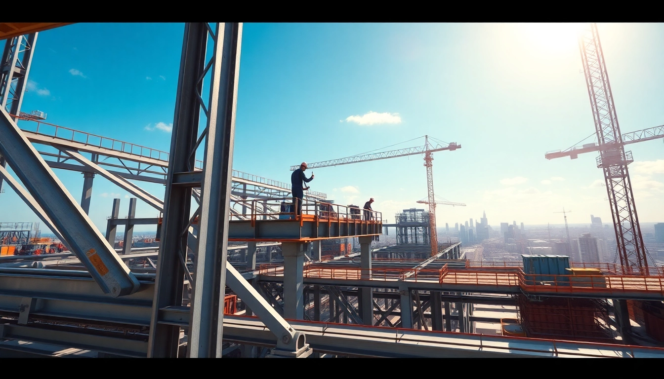 Workers engaging in structural steel construction at a busy site featuring cranes and steel beams.