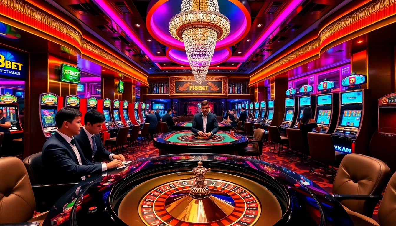 Experience the thrill of Nhà cái F8BET with vibrant casino games and players engaged in high-stakes action.