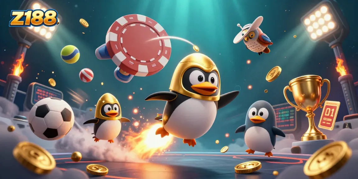 Engage in thrilling gameplay with z188 as the golden penguin zooms towards the casino chip station.