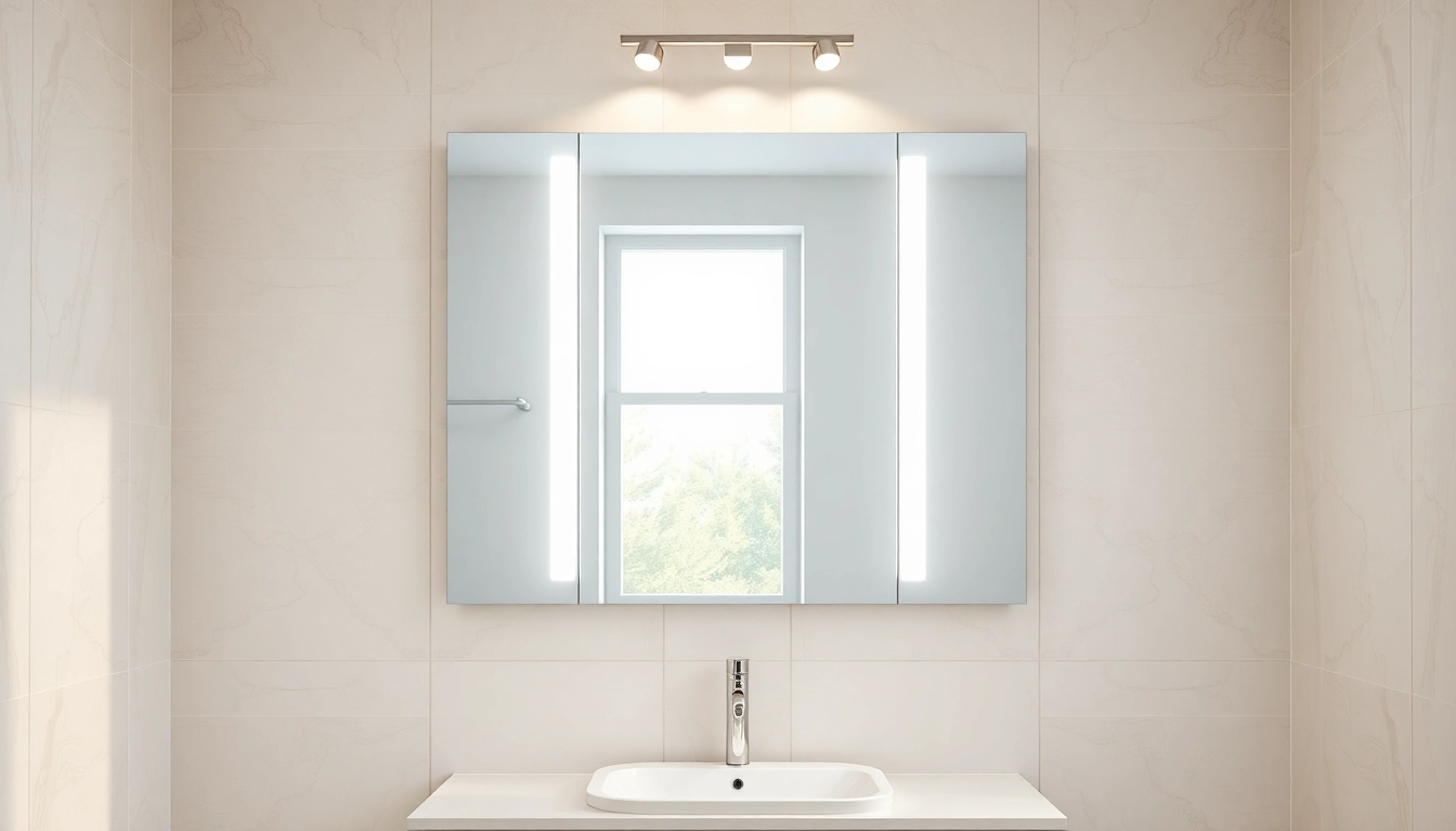 Stylish mirror with lights illuminating a modern bathroom setting with elegant decor.