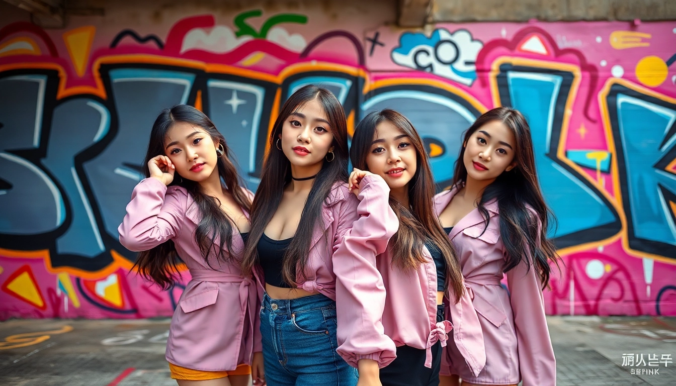 Showcase the blackpink members posing confidently against an urban backdrop infused with artistic graffiti.