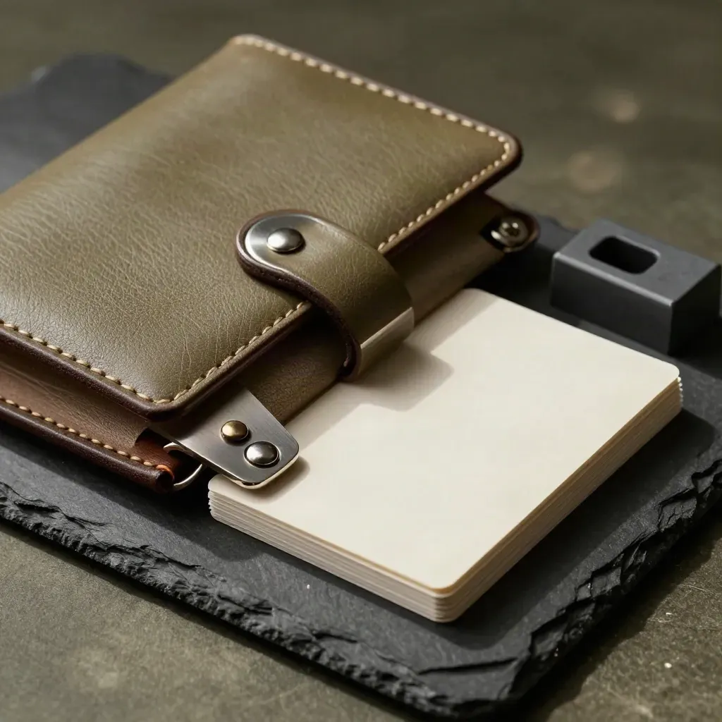 Leather portfolio, blank card stack and metal fasteners on slate in dramatic low light.