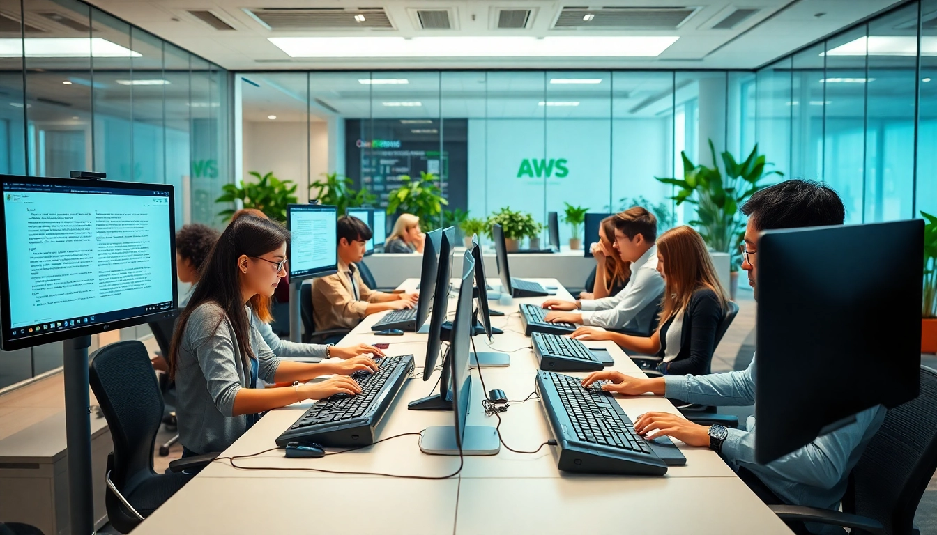 Efficient typing center team working in a bright, modern office environment.