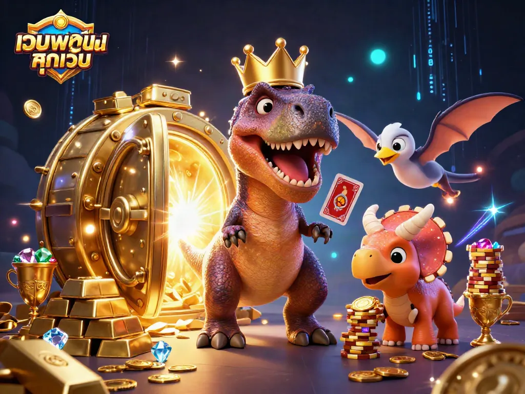 ภาพวาดการ์ตูน 3D ของ เว็บพนันออนไลน์ ทุกเว็บ โดยมี T-Rex เล่นไพ่และ Triceratops ส stacking ชิป