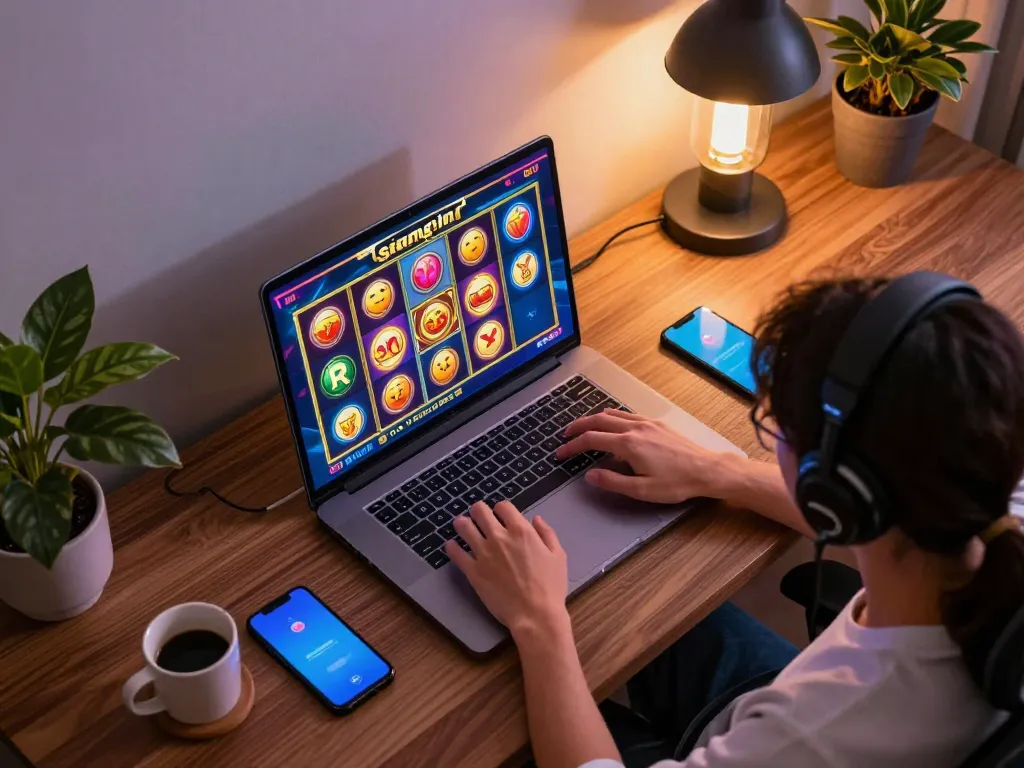 Engaging in slot gacor siang ini gameplay on a laptop surrounded by gaming elements, showcasing strategic online gambling.