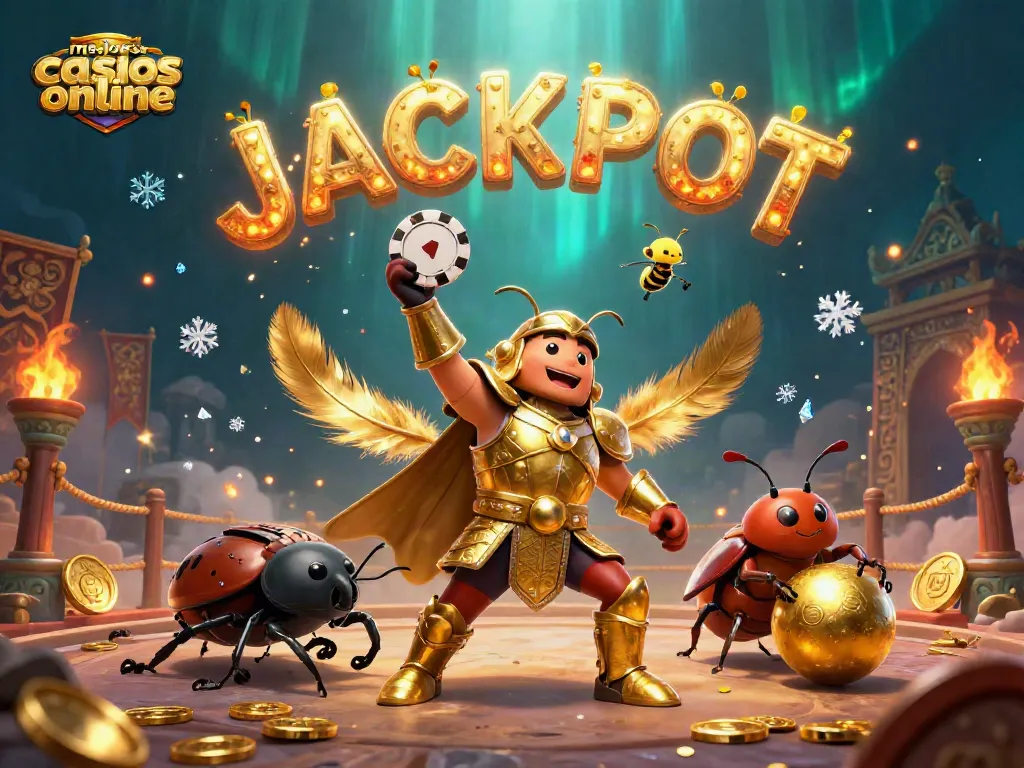 Descubre los mejores casinos online con el escarabajo vencedor levantando fichas y el texto JACKPOT en el aire.