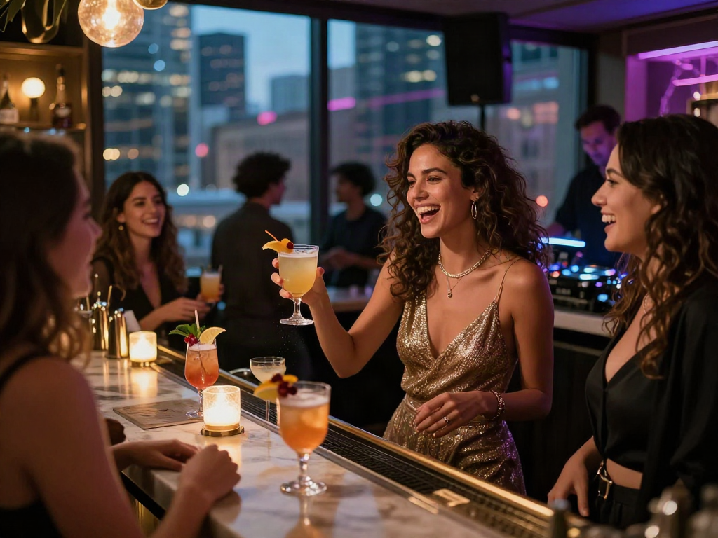Diyarbakır escort ile dolu bir bar sahnesi, şık bir kadın ve arkadaşları sosyal bir atmosferde.