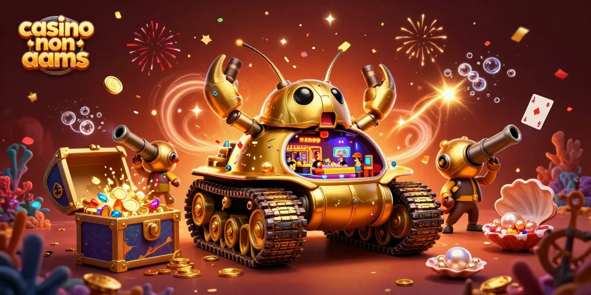 Visualizza il casino non AAMS in un'illustrazione 3D di un carro armato dorato con giochi e festeggiamenti.