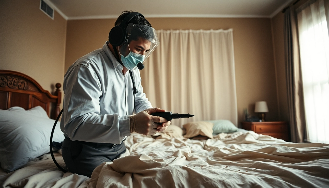Assessing bed bug exterminator cost while inspecting an infested bedroom by a trained professional.