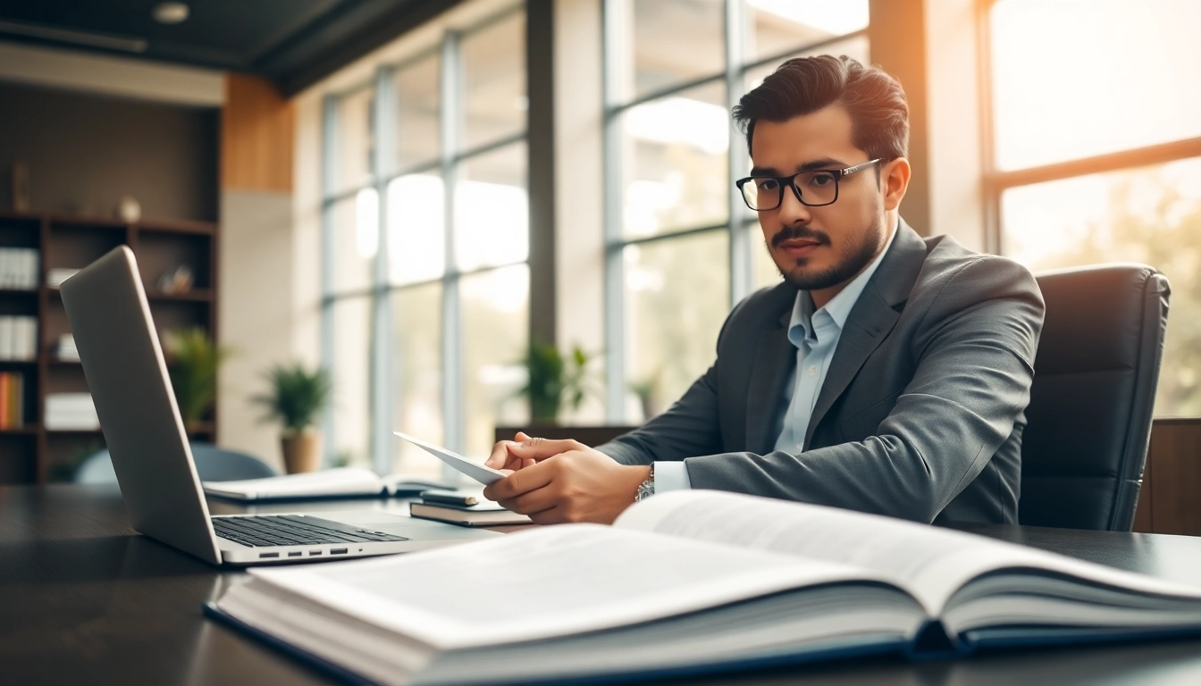 Engaged intellectual property lawyer reviewing documents in a modern office setting.