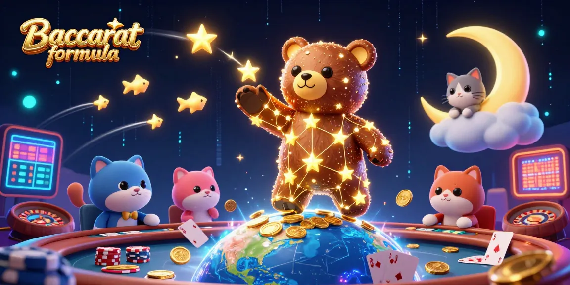 Experience the Baccarat formula with a constellation bear and stunning casino elements in a vibrant scene.