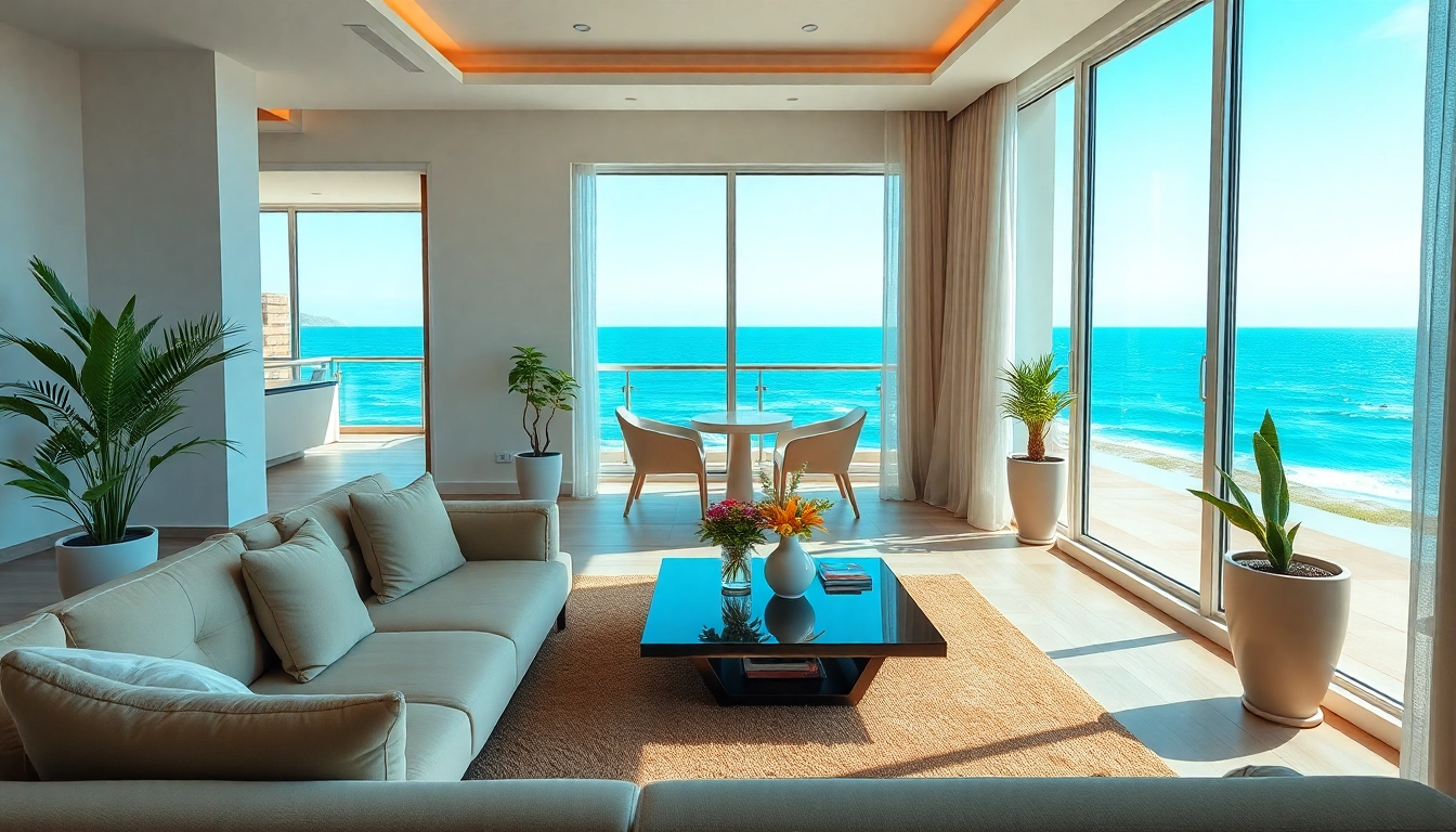 A modern living room of an apartment for sale in Alanya with coastal views and bright decor.