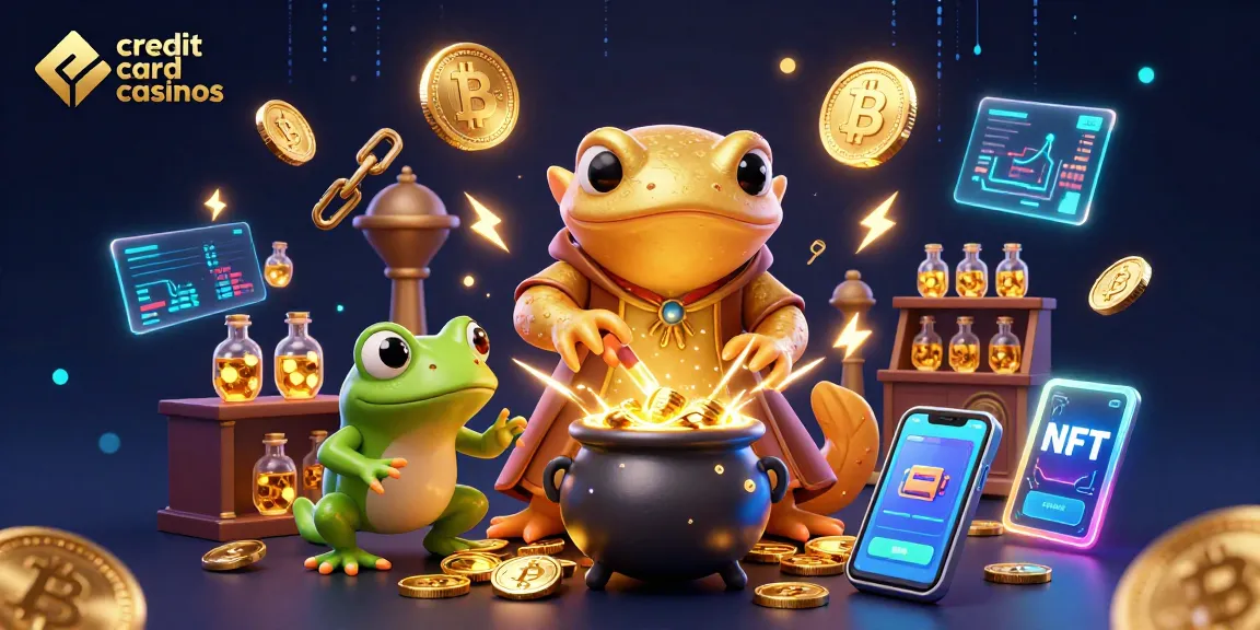 Experience excitement at credit card casinos with a dynamic scene of gold alchemy and cryptocurrency elements.