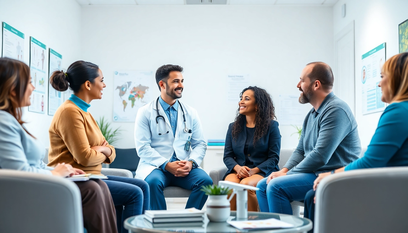 Engaging healthcare provider discussing Health topics with diverse patients in a professional setting.