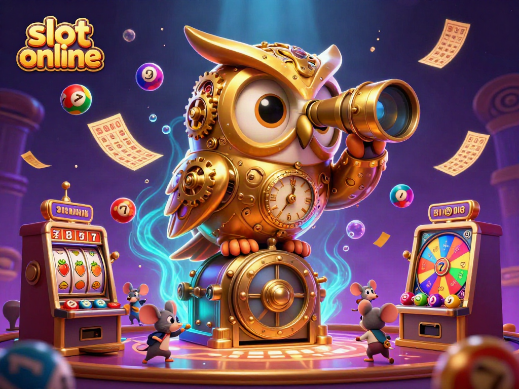 Experience the thrill of slot online with a dazzling scene of a golden owl amidst vibrant casino elements.