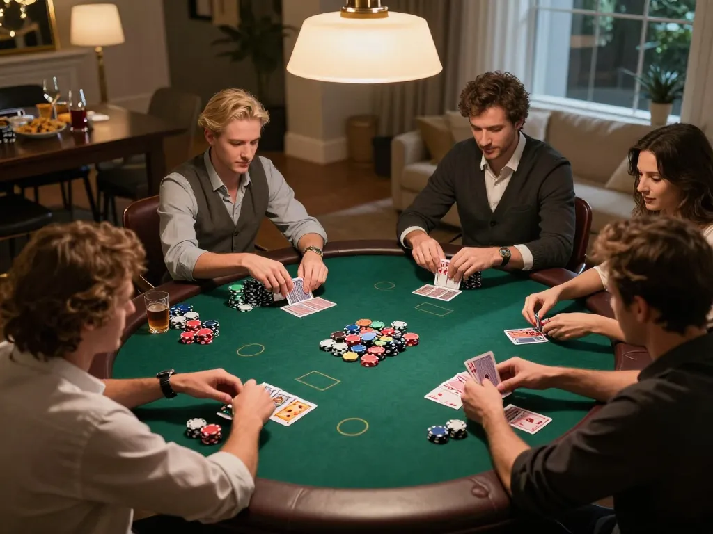 8LIVE poker night scene at a luxurious home with players engaged around the table.