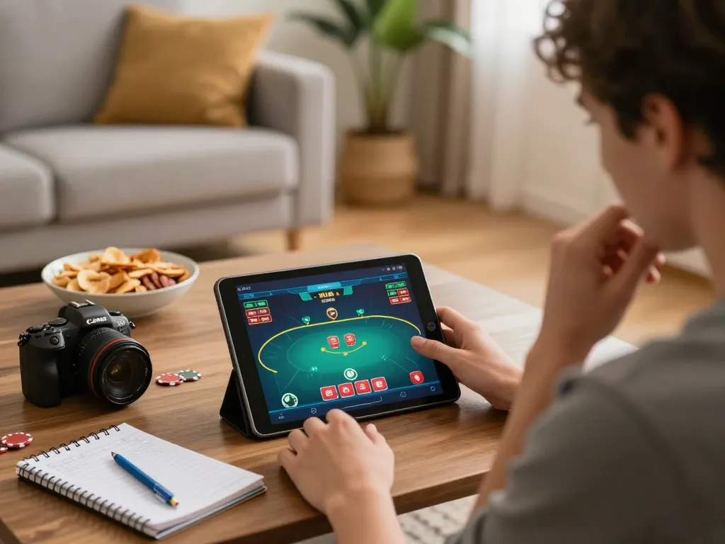 Excited player engaged with rokok88 login on tablet during an online poker session in a cozy home.