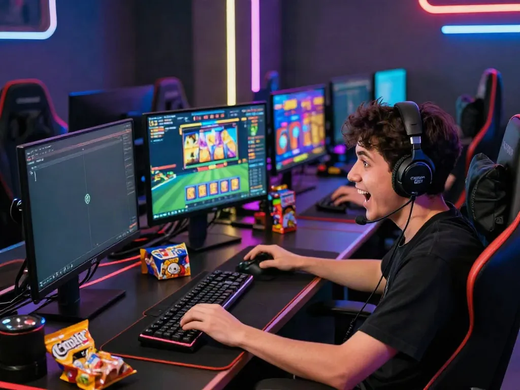 Exciting online gaming setup showcasing rokok88 digital games with colorful screens and immersive atmosphere.