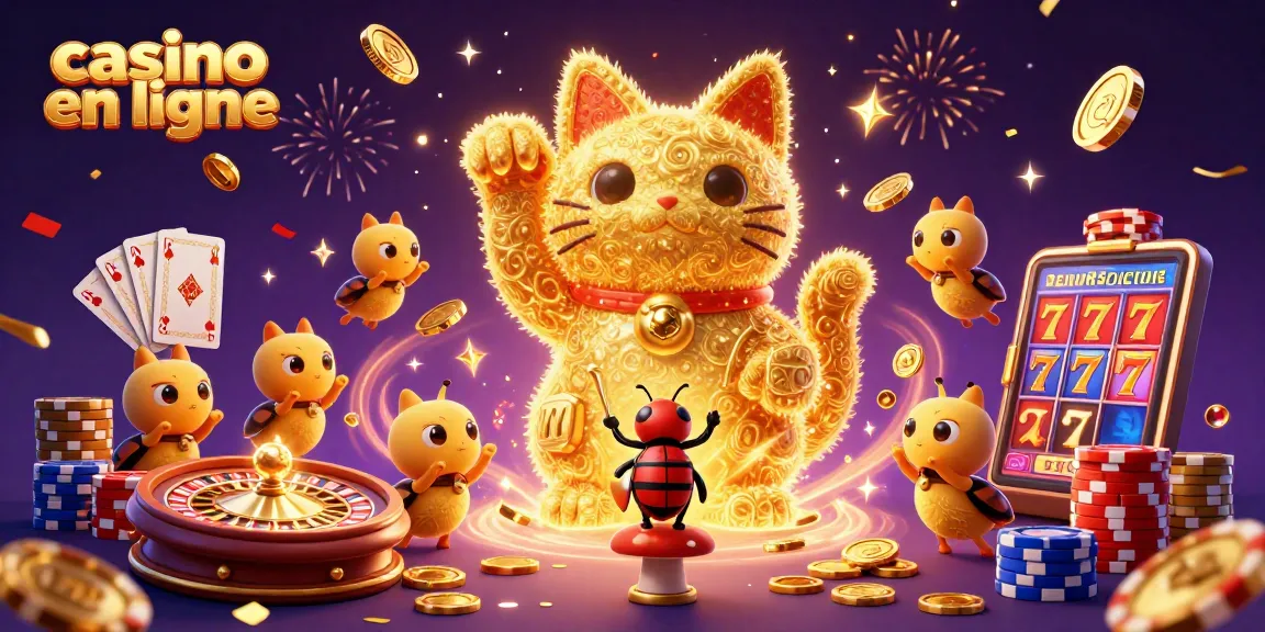 Visualisez l'univers captivant du casino en ligne avec un chat chanceux animé entouré d'éléments de jeux et de célébration.