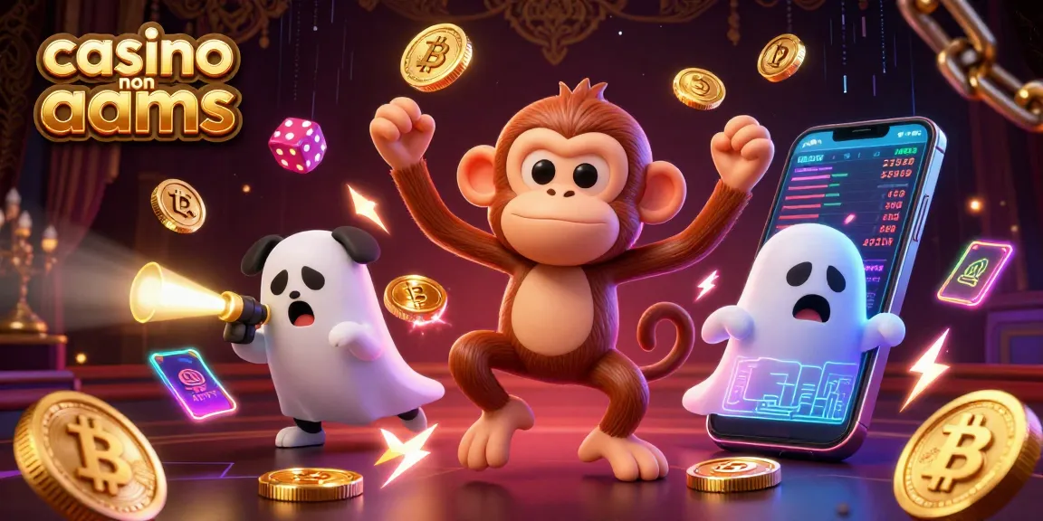 Casinò non AAMS con una simpatica scimmietta poltergeist e un cacciatore di fantasmi, circondati da elementi di gioco.