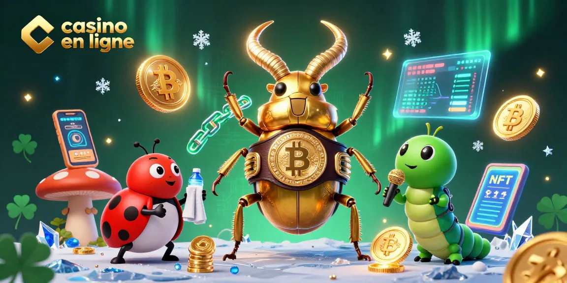 Les jeux de casino en ligne animés par un scarabée géant et une coccinelle, entourés de pièces de crypto-monnaie et de graphismes dynamiques