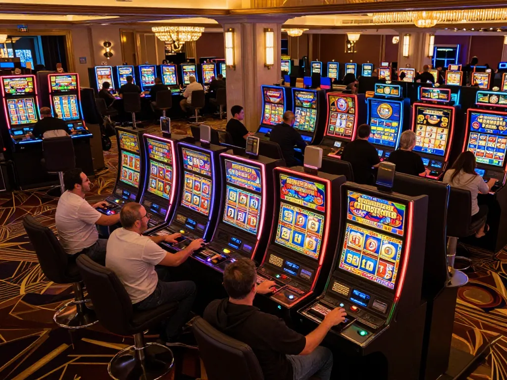 Players engaging with slot machines, seeking a slot bonus new member in a vibrant casino atmosphere.