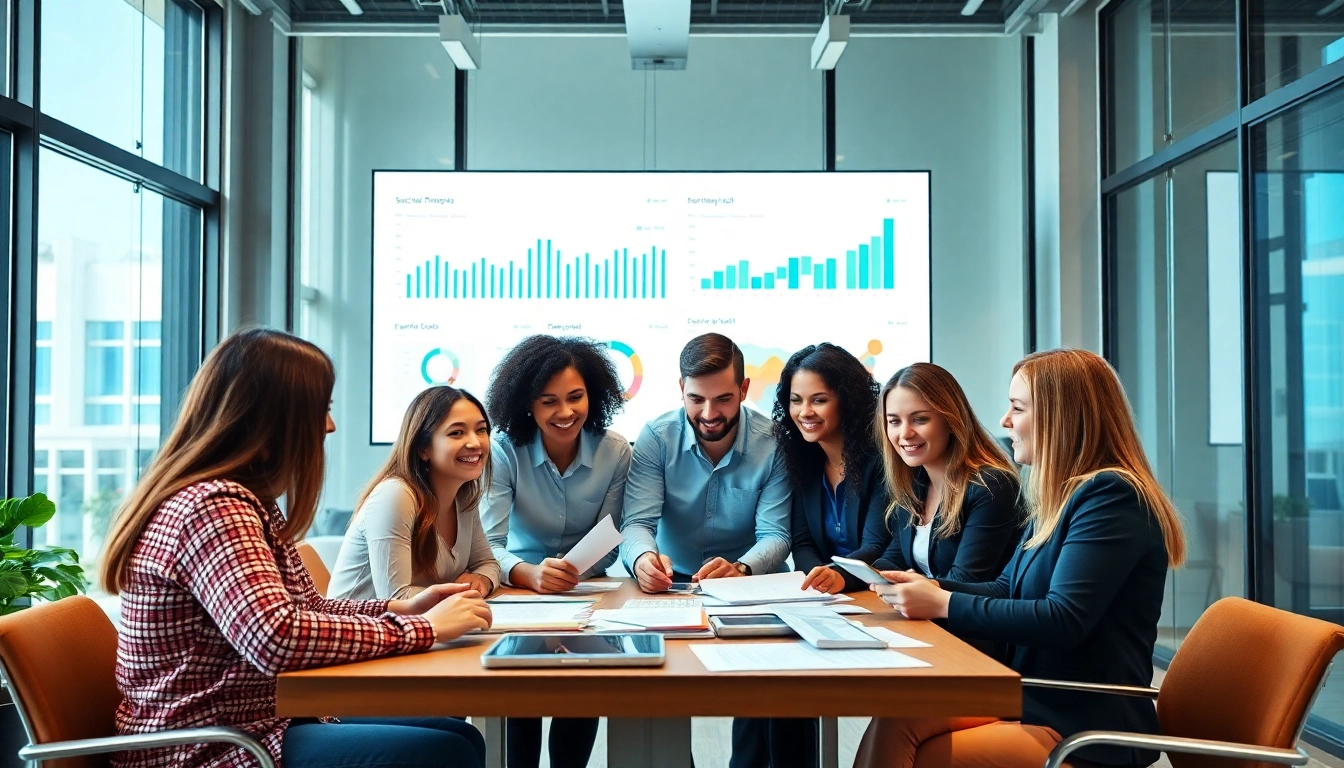 Collaborative marketers discussing strategies for edmonton social media marketing in a modern office.