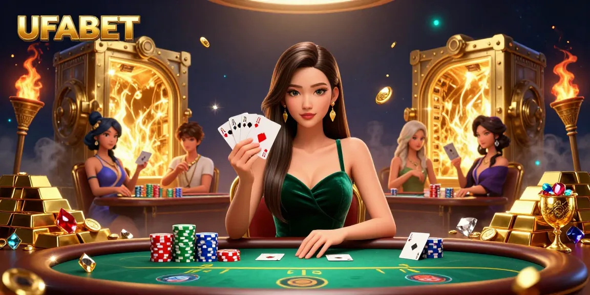 Experience UFABET as a stunning Asian woman plays cards at a luxurious poker table surrounded by gold and gems.