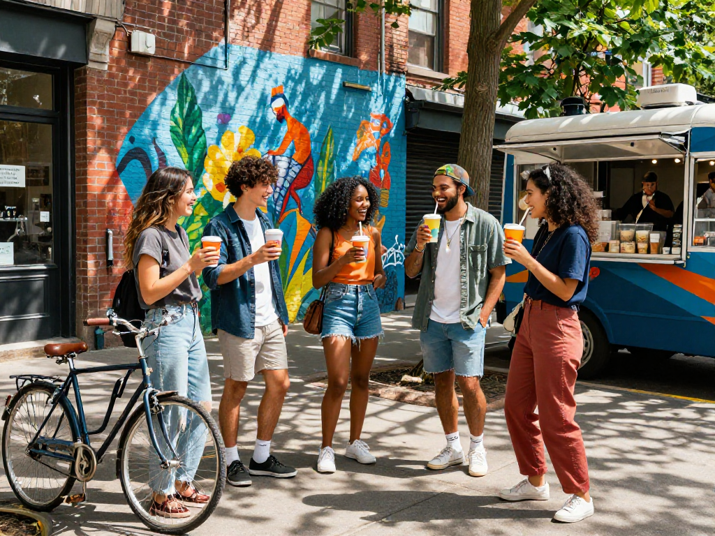 A vibrant urban gathering of friends enjoying rokok88 drinks in the sunlit streets filled with colorful street art.