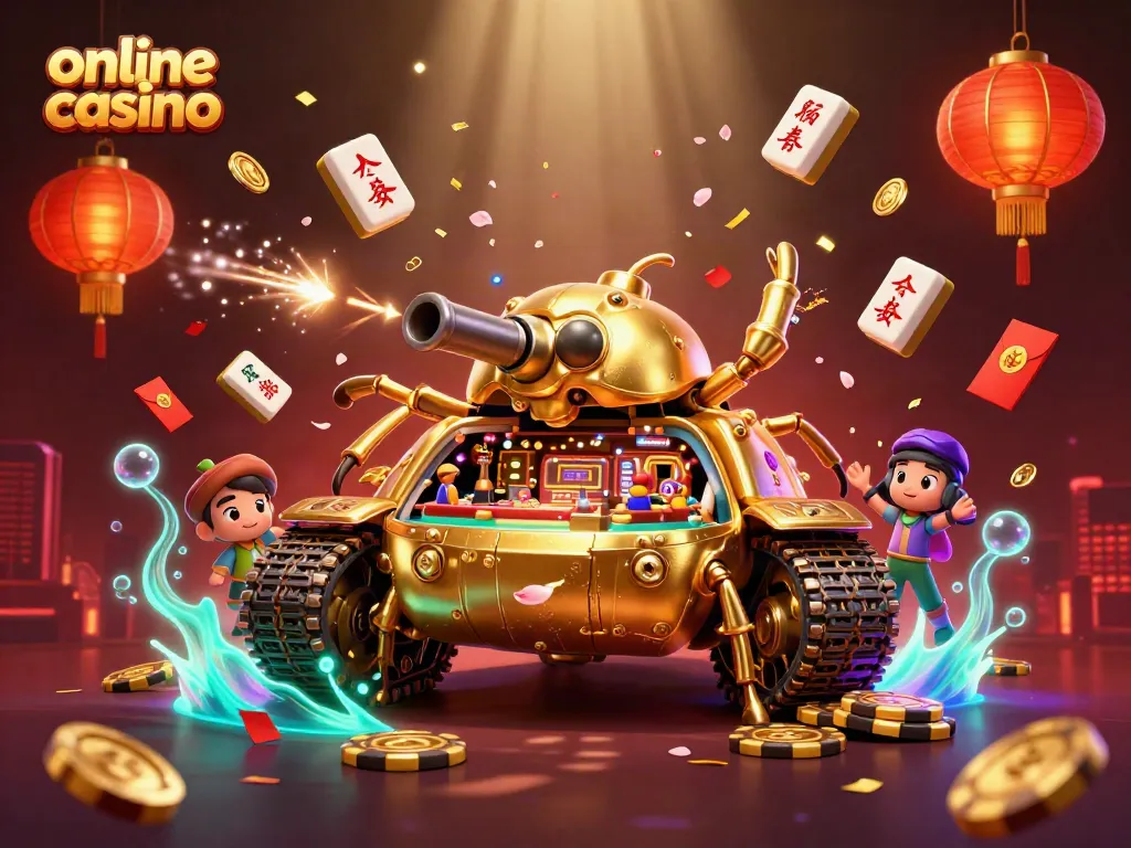 Gana en el emocionante mundo del casino online: una ilustración vibrante con un casino en miniatura y elementos de juego.