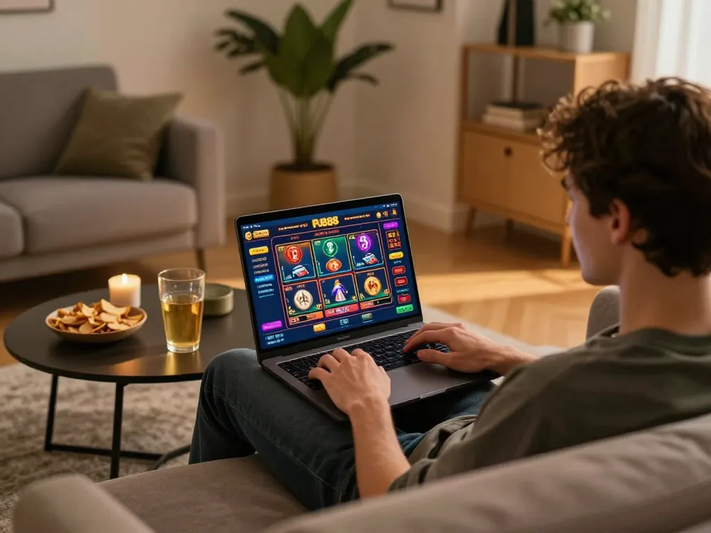 PUB88 player enjoying online casino gaming at home with vibrant laptop interface and cozy decor