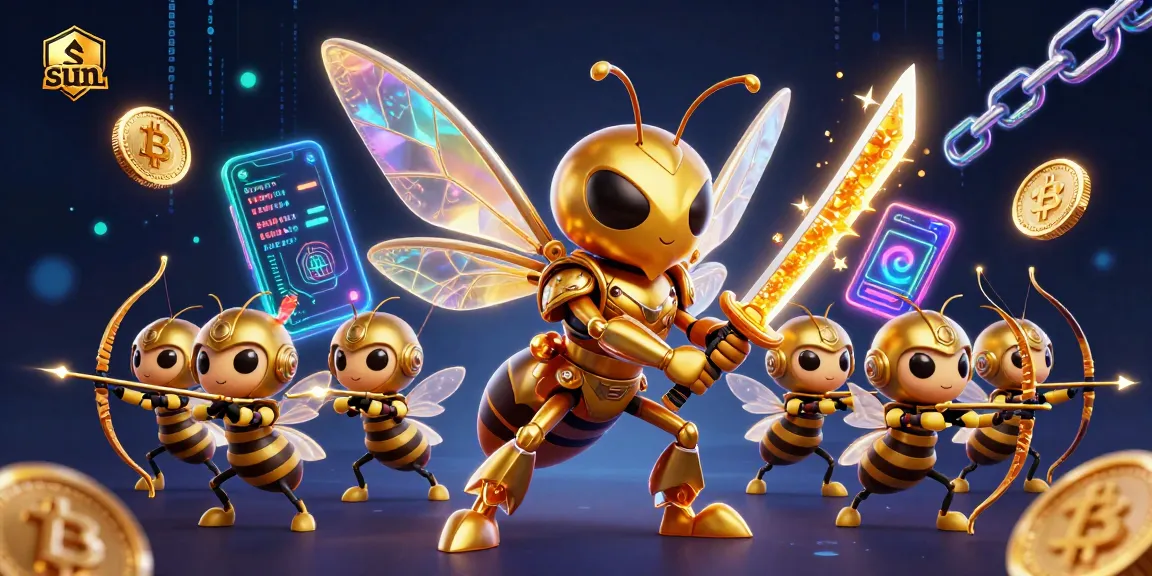 Join the sun-themed gaming adventure with powerful characters amidst vibrant casino elements and crypto icons.