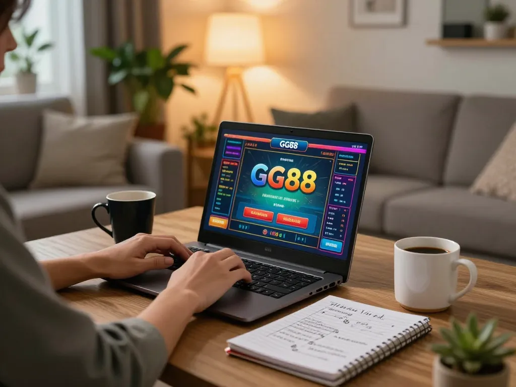 Engaging in GG88 online gaming strategy with focused player at home setting.