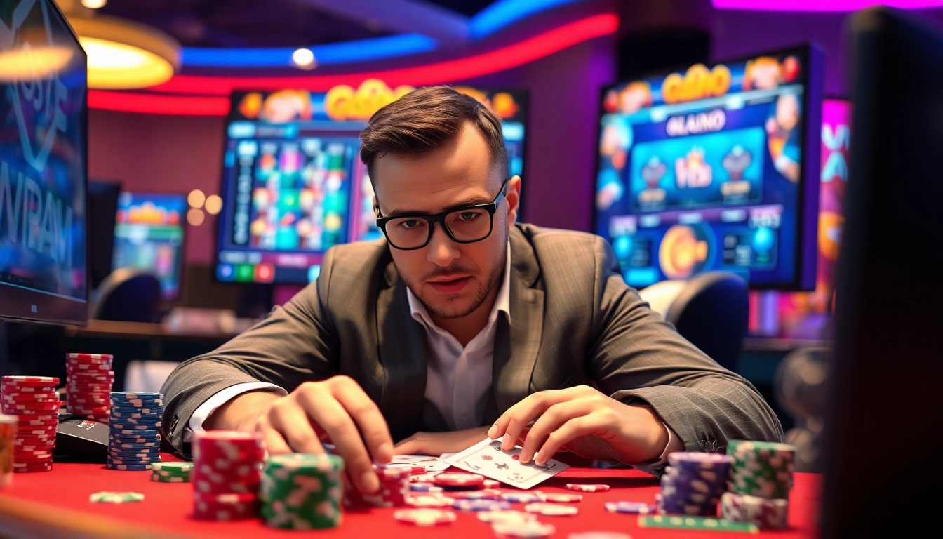 Impressionante Casino spielen online mit einem passionierten Spieler und bunten Spielchips.
