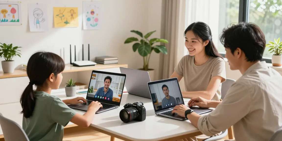 Familia disfrutando de etb internet hogar Medellín en su oficina en casa, conectividad familiar y aprendizaje digital.