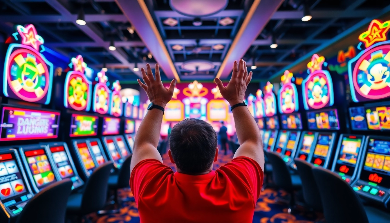 Rayakan kemenangan dalam permainan pakde4d slot dengan suasana kasino yang meriah.