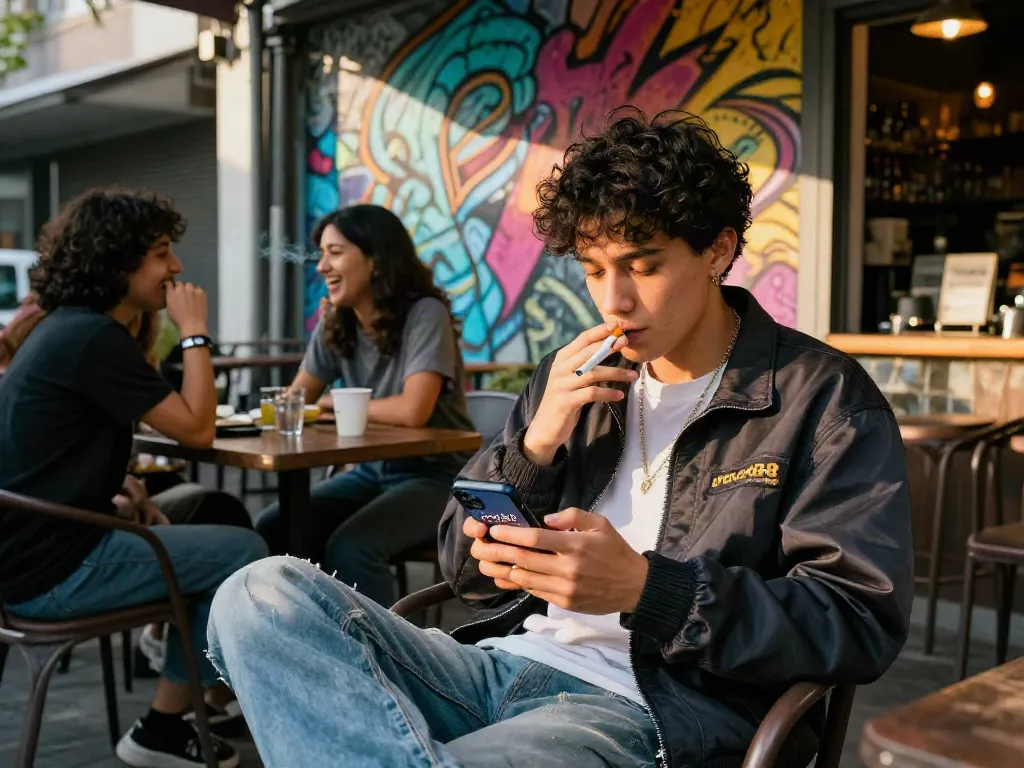 Youth enjoying rokok88 at a lively café in urban streetwear.