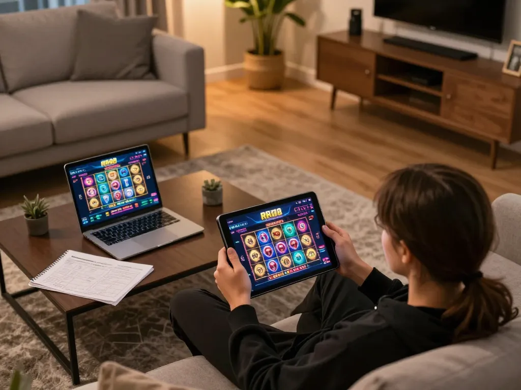 Engaging in online gaming using the RR88 apk on tablet in a cozy living room setup, showcasing vibrant casino interface and strategy notes.