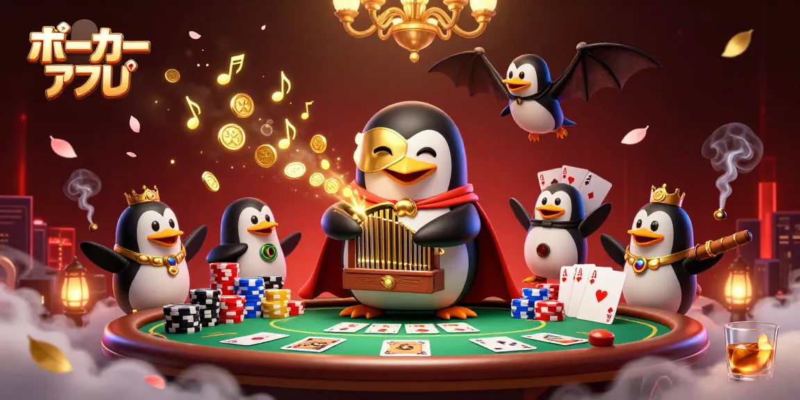 ポーカーアプリで遊ぶ3Dのペンギンがゴールドのマスクを持ち、チェスの要素が満載のシーンを表現しています