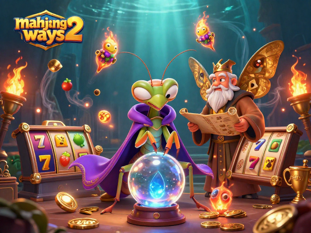 Engage in mahjong ways 2 with a captivating illustration featuring fortune teller characters and slot elements.