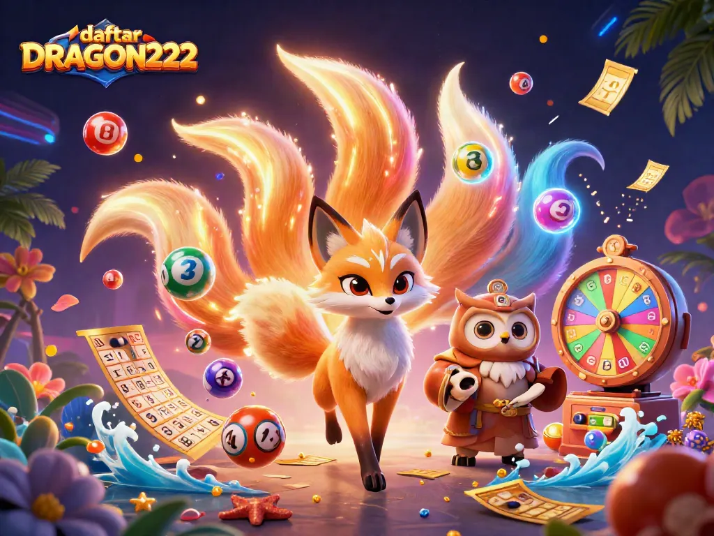 Win big at daftar DRAGON222 with colorful lottery balls and casino magic in a vibrant digital scene.