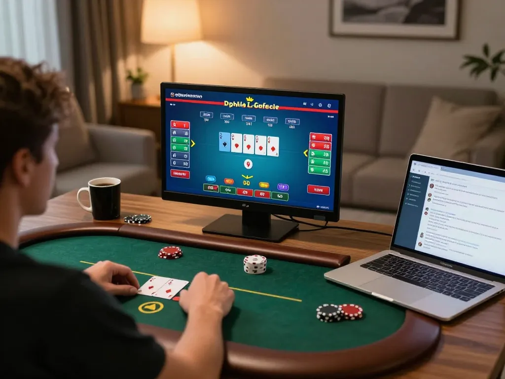 The hidden wiki dark web accessed on a modern laptop during an online poker game in a cozy home setting.