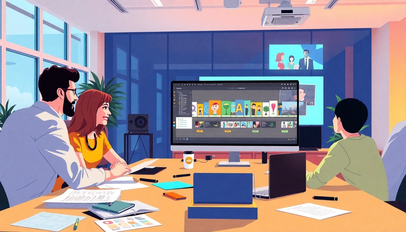 Animation Erstellen: Team collaborating on animated video projects in a vibrant office.