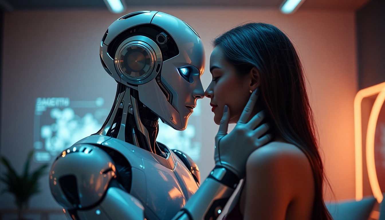 AI sex robot interacting intimately with a human in a modern setting, emphasizing emotional connection and technology.
